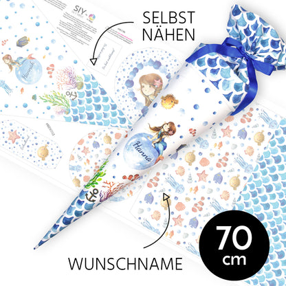 DIY Schultüte zum Selbernähen Schnittmuster auf Stoff mit Wunschname personalisierbar - Sealife Mermaid - 70 cm