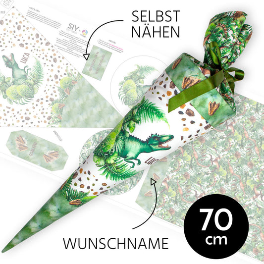 DIY Schultüte zum Selbernähen Schnittmuster auf Stoff mit Wunschname personalisierbar – Dinodschungel - 70 cm