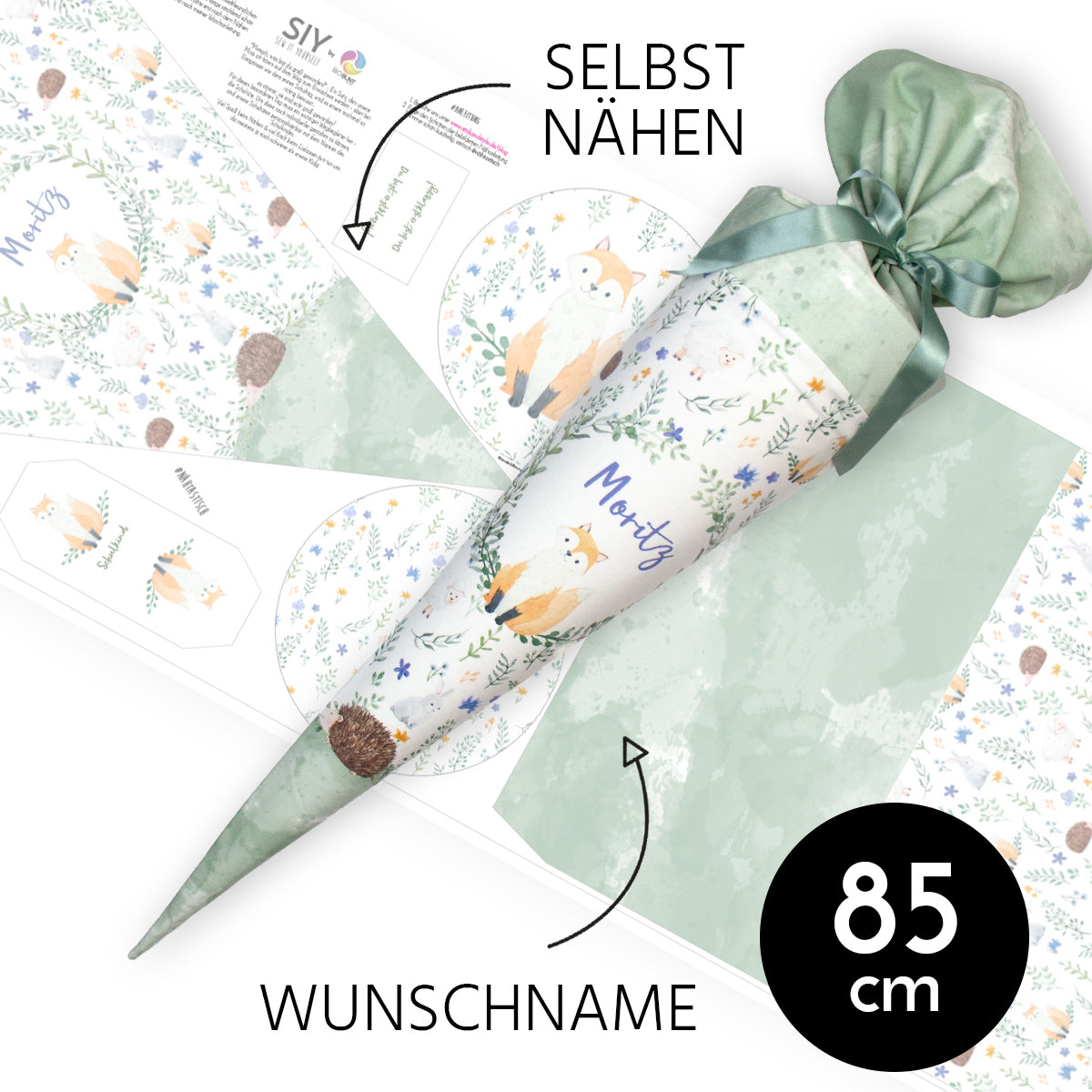 DIY Schultüte zum Selbernähen Schnittmuster auf Stoff mit Wunschname personalisierbar - Wiesenfreunde grün - 85 cm