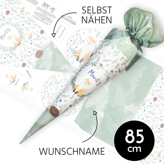 DIY Schultüte zum Selbernähen Schnittmuster auf Stoff mit Wunschname personalisierbar - Wiesenfreunde grün - 85 cm