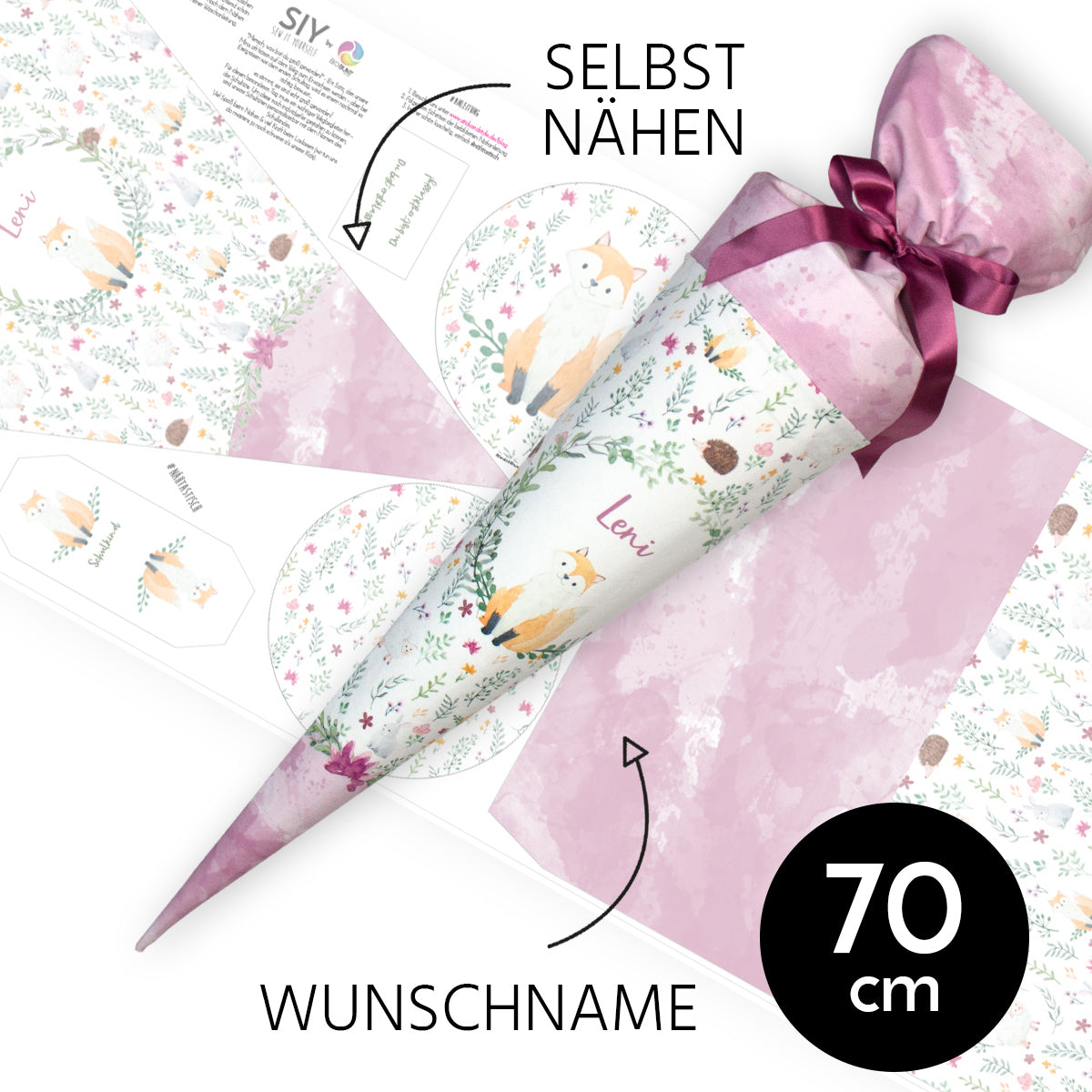DIY Schultüte zum Selbernähen Schnittmuster auf Stoff mit Wunschname personalisierbar - Wiesenfreunde rosa - 70 cm
