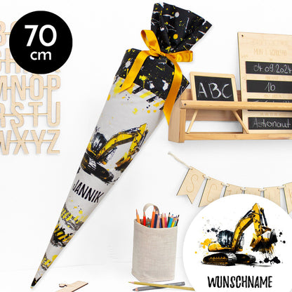 Schultüte aus Baumwolle mit Wunschname - Bagger - 70 cm