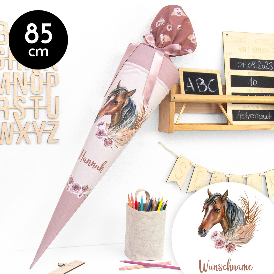 Schultüte aus Baumwolle mit Wunschname - Boho Pferd - 85 cm