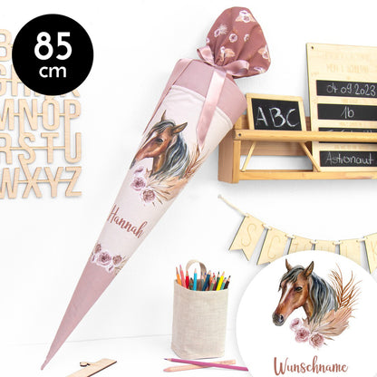 Schultüte aus Baumwolle mit Wunschname - Boho Pferd - 85 cm
