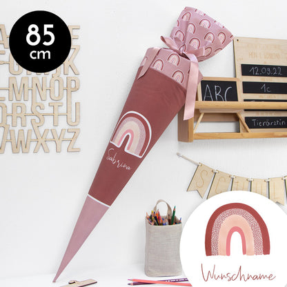 Schultüte aus Baumwolle mit Wunschname - Boho Rainbows altrosa - 85 cm