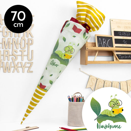 Schultüte aus Baumwolle mit Wunschname - Bücherwurm- 70 cm