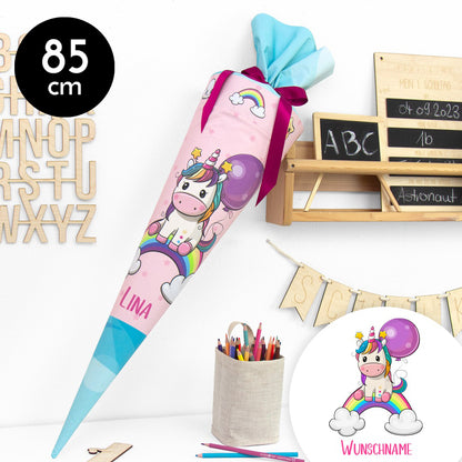 Schultüte aus Baumwolle mit Wunschname - Buntes Einhorn - 85 cm