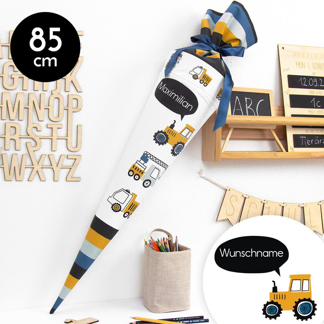 Schultüte aus Baumwolle mit Wunschname - Cute Cars - 85 cm