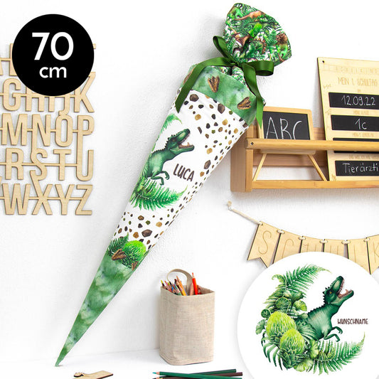 Schultüte aus Baumwolle mit Wunschname - Dinodschungel - 70 cm