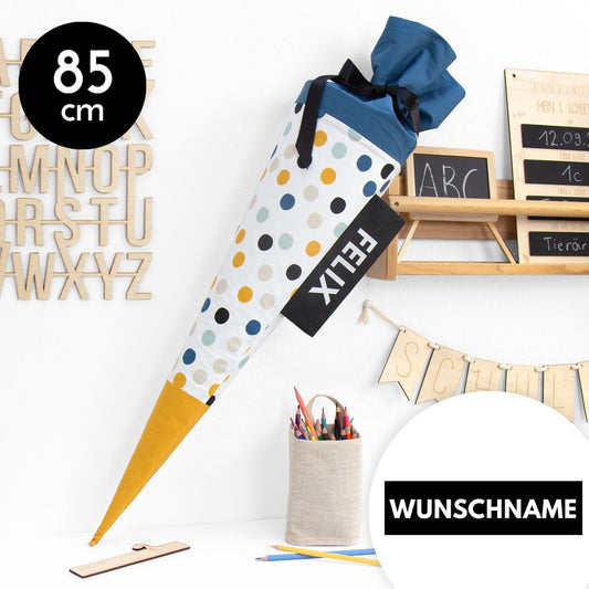 Schultüte aus Baumwolle mit Wunschname - Dots Etikett - 85 cm