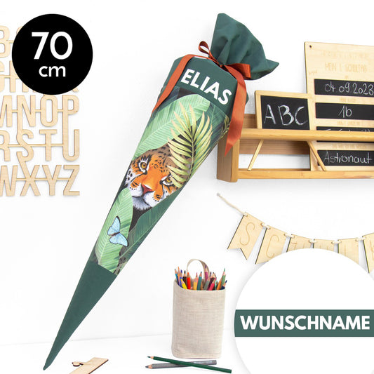 Schultüte aus Baumwolle mit Wunschname - Dschungeltiger - 70 cm