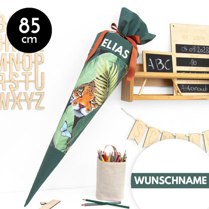 Schultüte aus Baumwolle mit Wunschname - Dschungeltiger - 85 cm