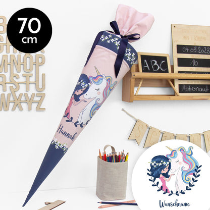 Schultüte aus Baumwolle mit Wunschname - Einhornfreundin - 70 cm