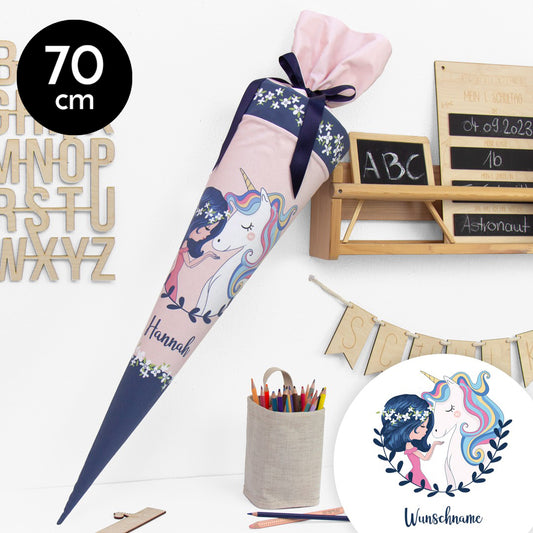 Schultüte aus Baumwolle mit Wunschname - Einhornfreundin - 70 cm