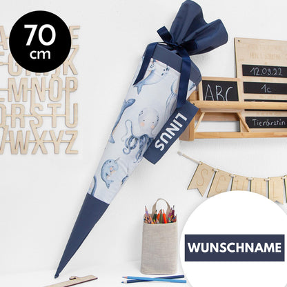 Schultüte aus Baumwolle mit Wunschname - Unterwasserwelt XXL - 70 cm