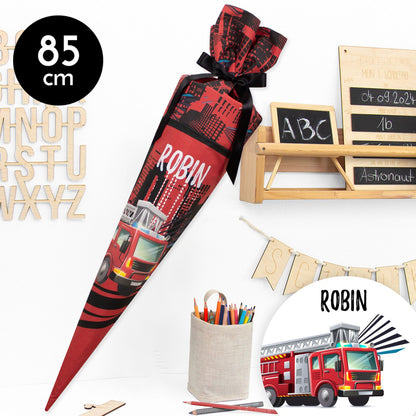 Schultüte aus Baumwolle mit Wunschname - Feuerwehr 112 - 85 cm