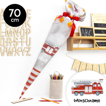 Schultüte aus Baumwolle mit Wunschname - Feuerwehrauto - 70 cm