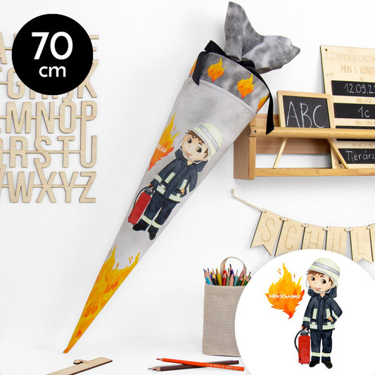 Schultüte aus Baumwolle mit Wunschname - Feuerwehrmann - 70 cm