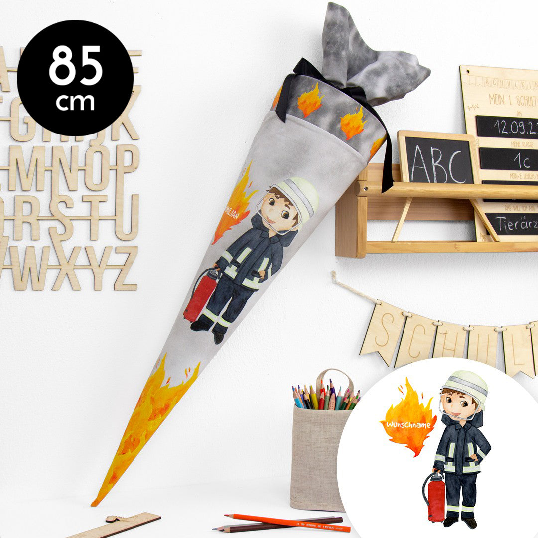 Schultüte aus Baumwolle mit Wunschname - Feuerwehrmann - 85 cm