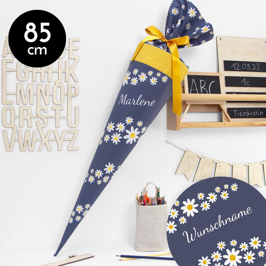 Schultüte aus Baumwolle mit Wunschname - Gänseblümchen dunkelblau - 85 cm