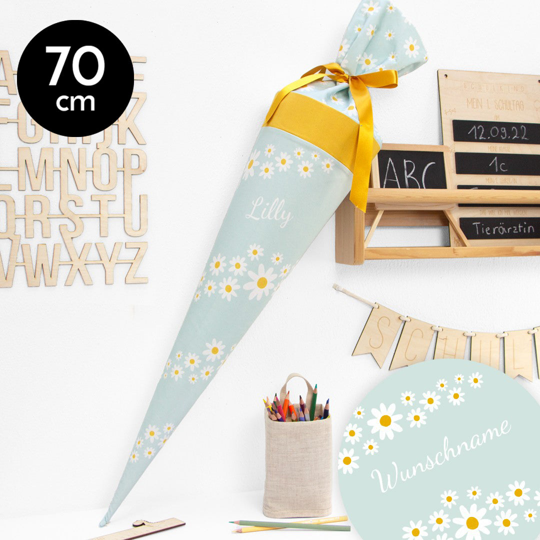 Schultüte aus Baumwolle mit Wunschname - Gänseblümchen mint- 70 cm