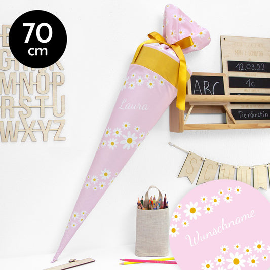 Schultüte aus Baumwolle mit Wunschname - Gänseblümchen rosa- 70 cm