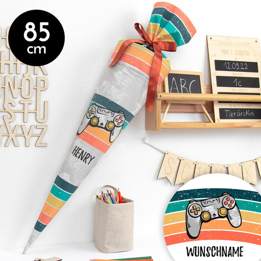 Schultüte aus Baumwolle mit Wunschname - Gamer - 85 cm