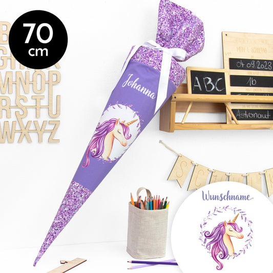Schultüte aus Baumwolle mit Wunschname - Glitzer Einhorn- 70 cm
