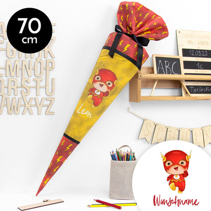 Schultüte aus Baumwolle mit Wunschname - Heldenhafter Schulstart - Mr. Flink - 70 cm