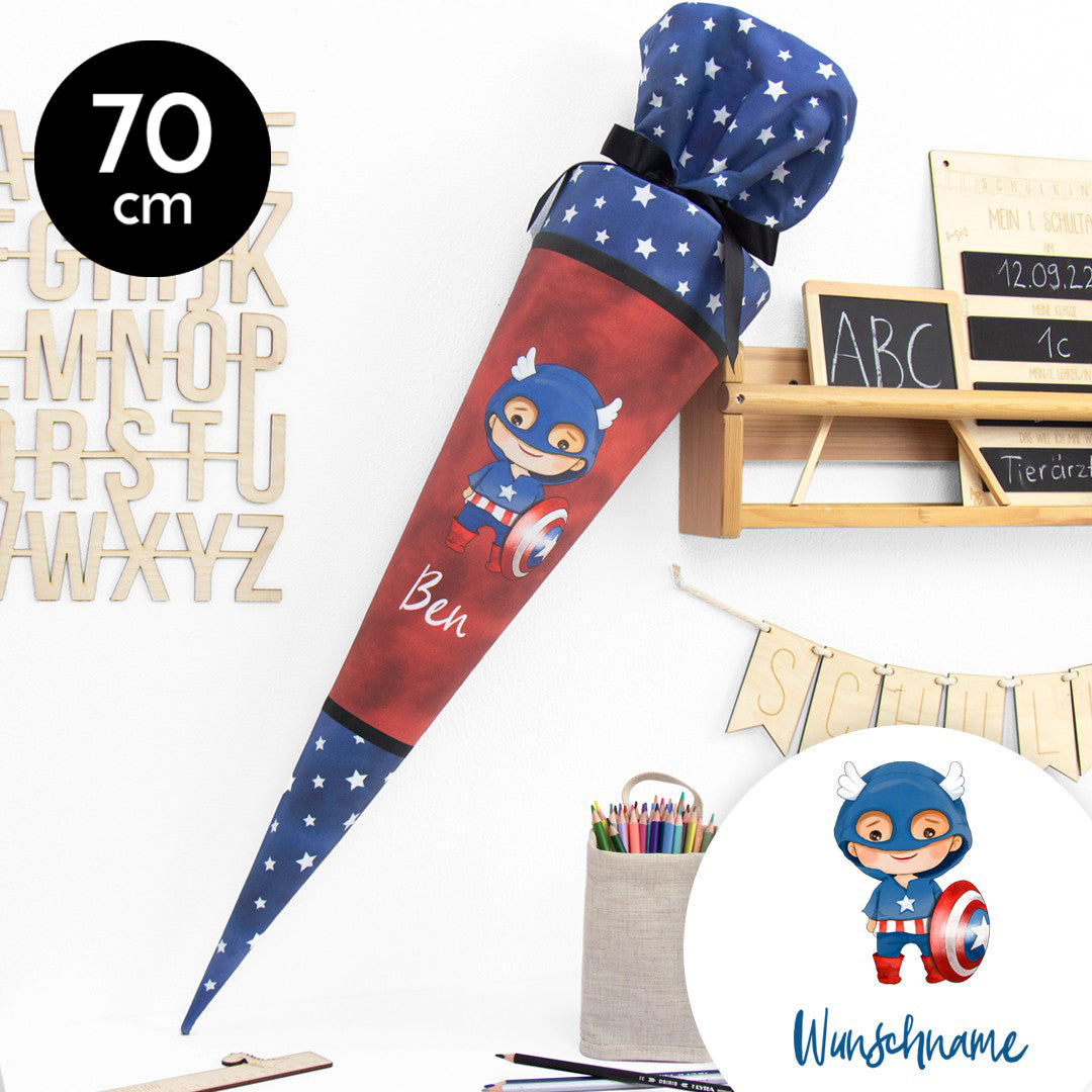 Schultüte aus Baumwolle mit Wunschname - Heldenhafter Schulstart - Mr. Super - 70 cm