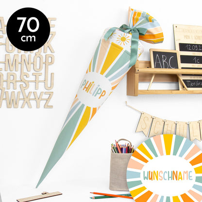 Schultüte aus Baumwolle mit Wunschname - Hello Sunshine pistazie - 70 cm