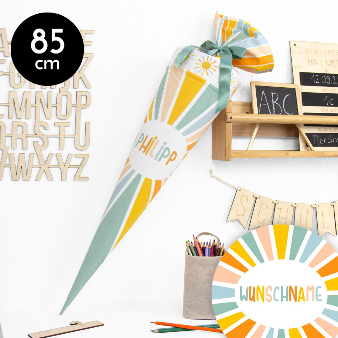 Schultüte aus Baumwolle mit Wunschname - Hello Sunshine pistazie - 85 cm