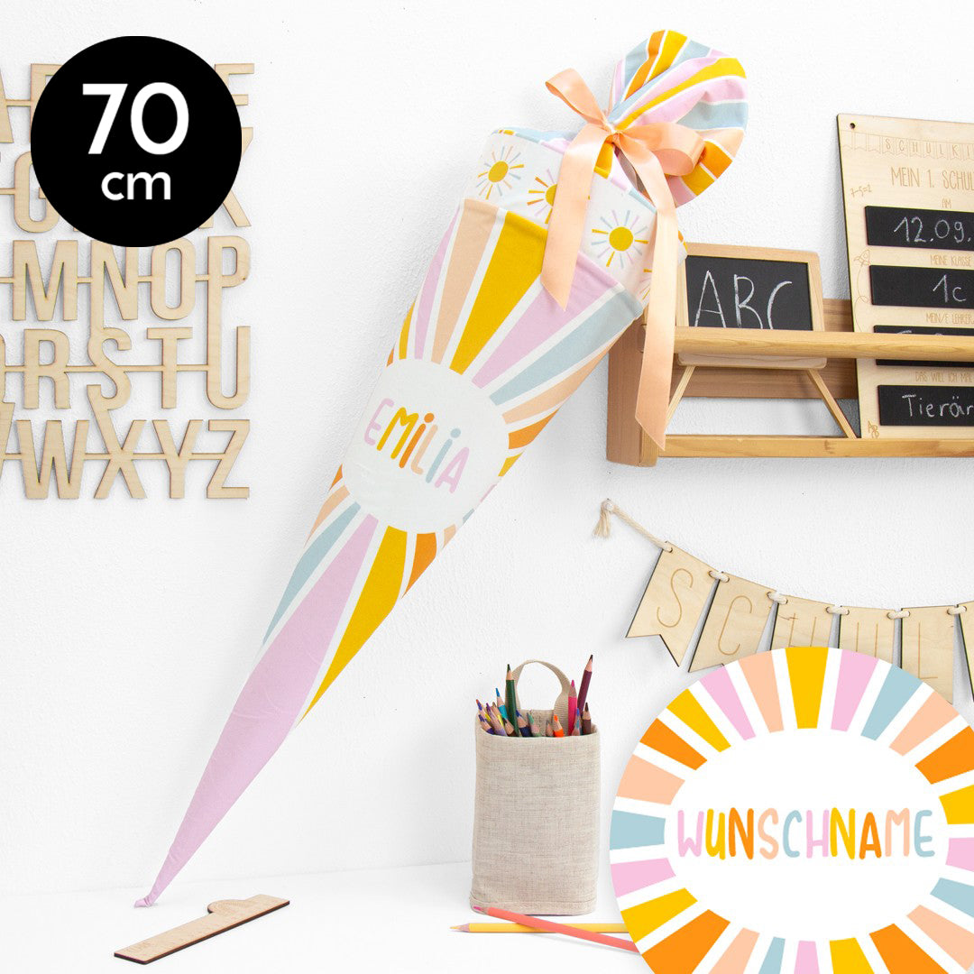 Schultüte aus Baumwolle mit Wunschname - Hello Sunshine rosa- 70 cm
