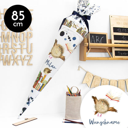 Schultüte aus Baumwolle mit Wunschname - Kleine Eule - 85 cm