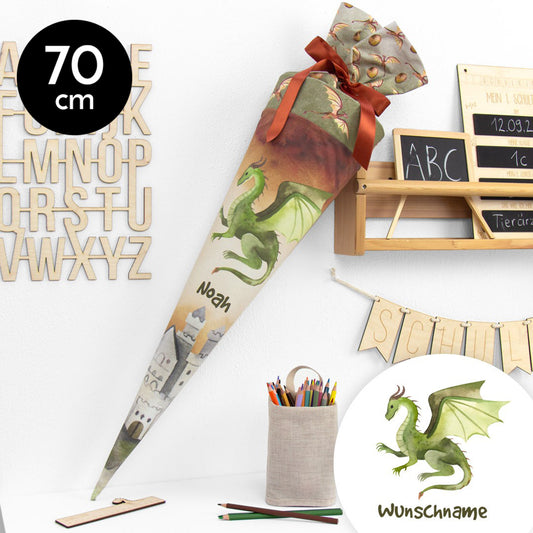 Schultüte aus Baumwolle mit Wunschname - Königreich der Drachen - 70 cm