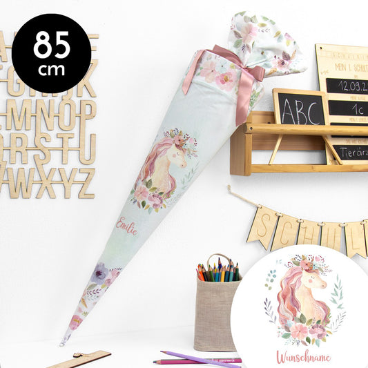 Schultüte aus Baumwolle mit Wunschname - Lovely Unicorn - 85 cm