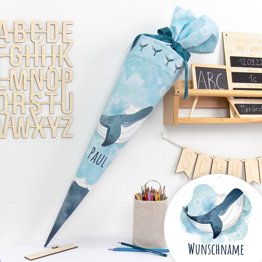 Schultüte aus Baumwolle mit Wunschname - Matrose Wal - 70 cm