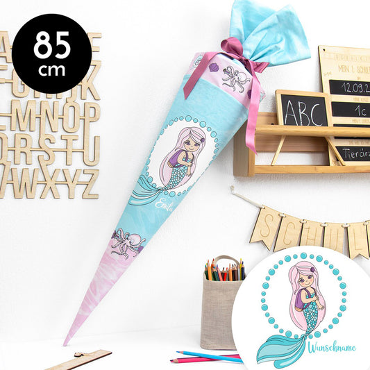 Schultüte aus Baumwolle mit Wunschname - Mermaid School - 85 cm