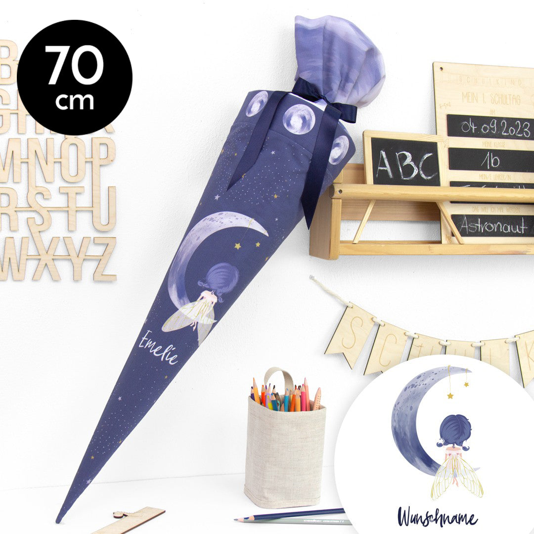 Schultüte aus Baumwolle mit Wunschname - Mondscheinfee - 70 cm