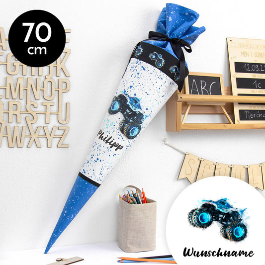 Schultüte aus Baumwolle mit Wunschname - Monstertruck - 70 cm