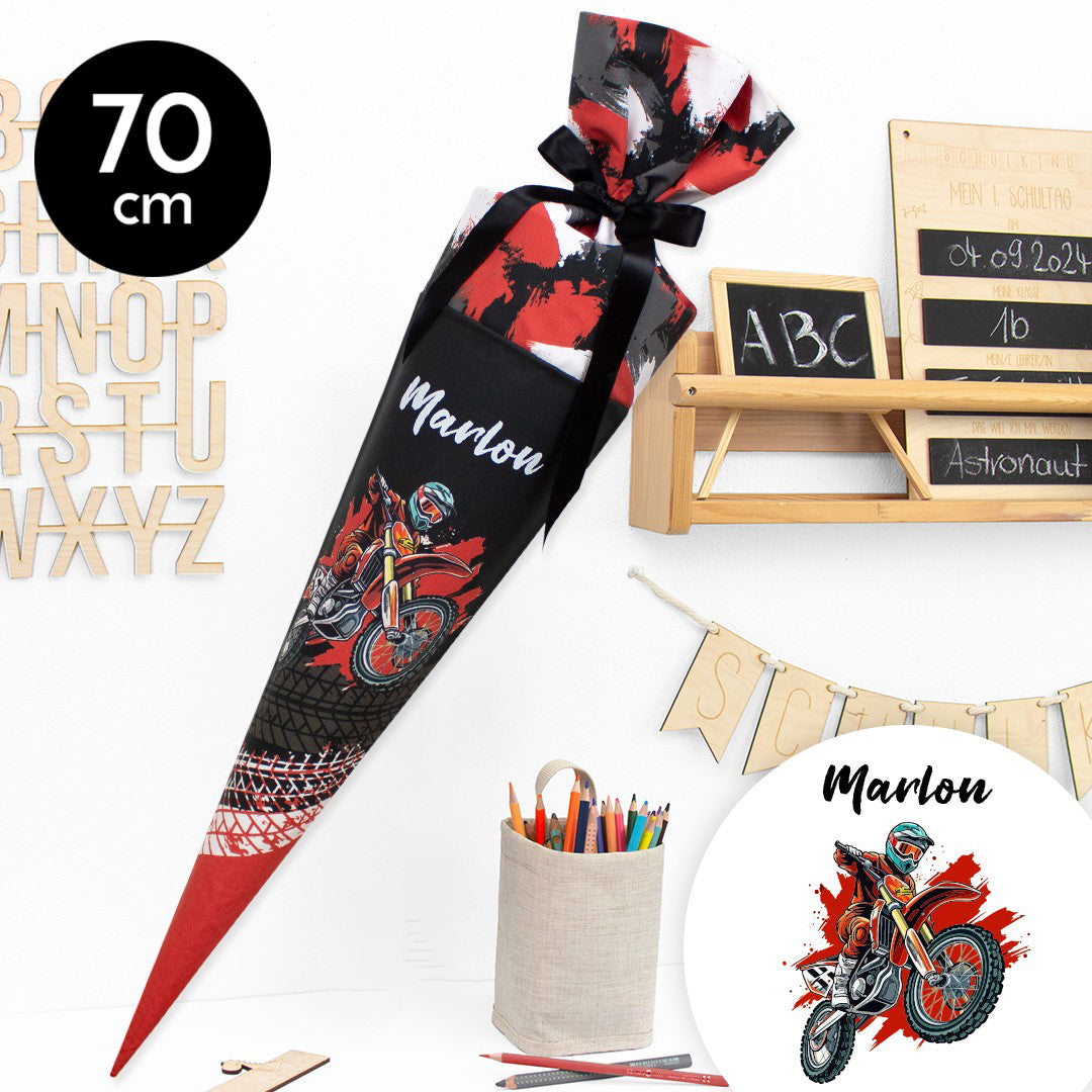 Schultüte aus Baumwolle mit Wunschname - Motorcross - 70 cm