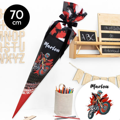 Schultüte aus Baumwolle mit Wunschname - Motorcross - 70 cm