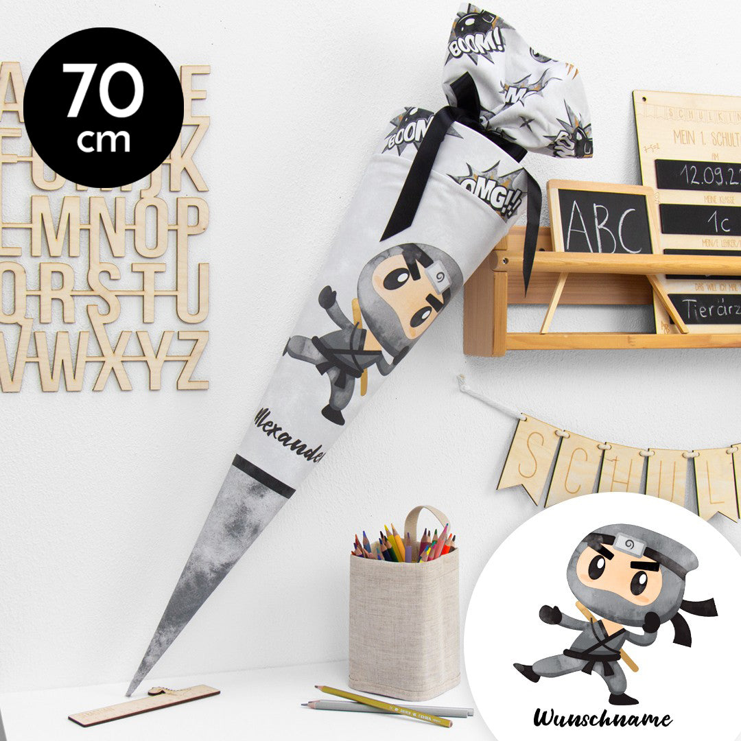 Schultüte aus Baumwolle mit Wunschname - Ninja - 70 cm