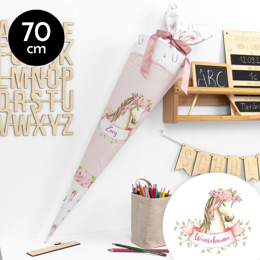 Schultüte aus Baumwolle mit Wunschname - Pretty Pony - 70 cm
