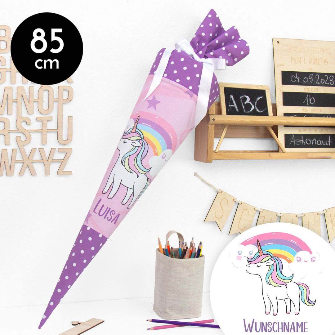 Schultüte aus Baumwolle mit Wunschname - Regenbogen Einhorn - 85 cm
