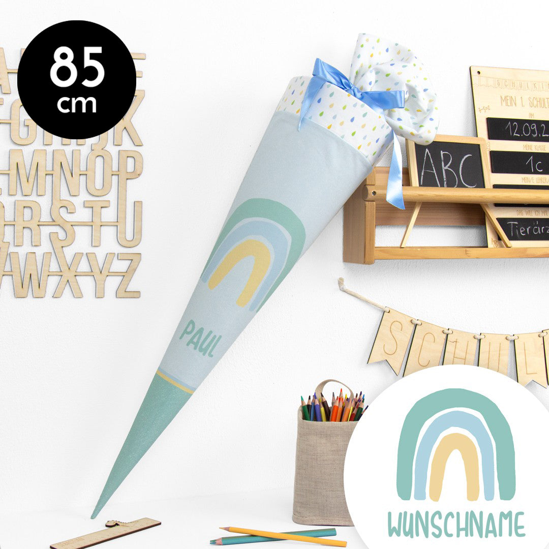 Schultüte aus Baumwolle mit Wunschname - Regenbogen hellblau/mint- 85 cm