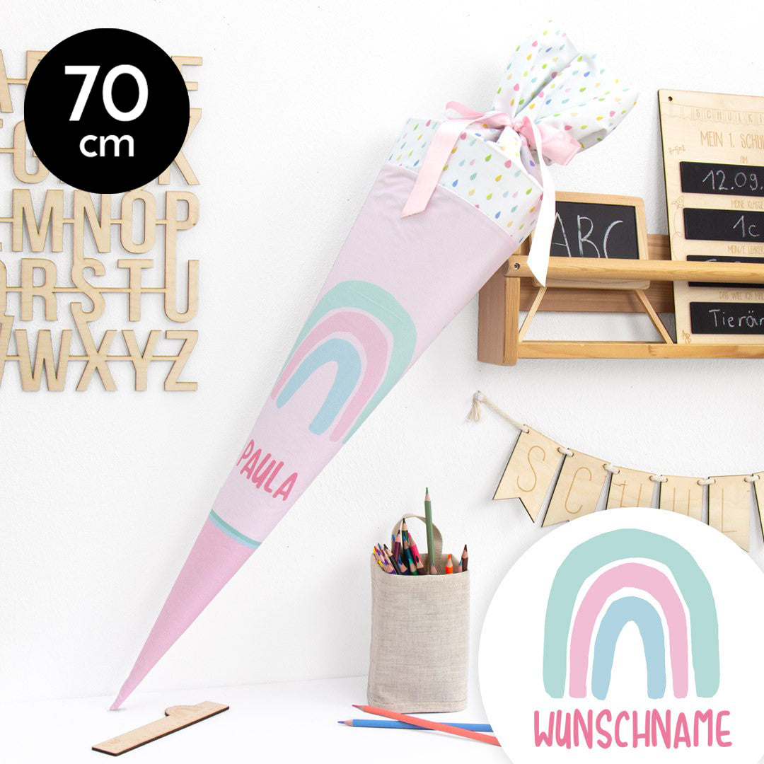 Schultüte aus Baumwolle mit Wunschname - Regenbogen rosa/pink - 70 cm