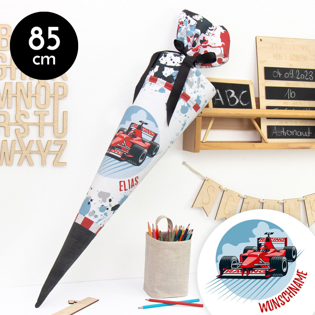 Schultüte aus Baumwolle mit Wunschname - Rennauto- 85 cm