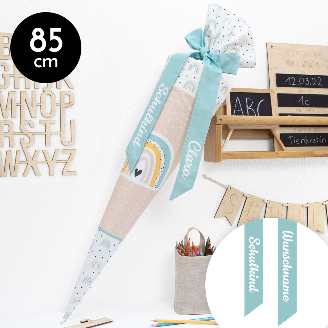 Schultüte aus Baumwolle mit Wunschname - Happy Rainbows Schleife - 85 cm