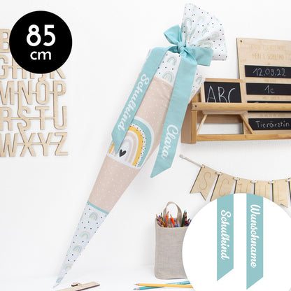 Schultüte aus Baumwolle mit Wunschname - Happy Rainbows Schleife - 85 cm